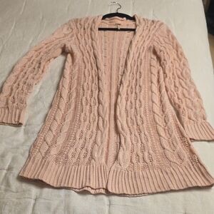 Free People Linen-cotton Pale Pink Open-Front Cable & Lace Knit Cardigan